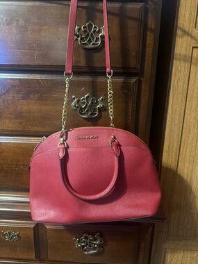 Michael Kors Red Saffiano Dome Satchel with Gold Chain Strap